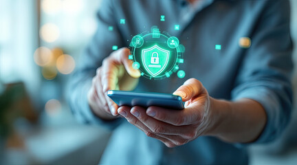 Mobile Security Concept: Man using Smartphone with Data Protection Shield. Cyber Security, Privacy, and Encryption for Online Safety and Business.