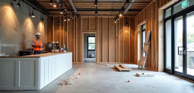 Coffee shop interior during renovation. Unfinished space with bare walls, exposed ceiling beams, new flooring installed. Construction materials, tools, ladder scattered around. Worker in hard hat, - Powered by Adobe