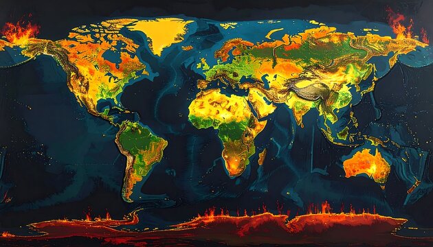 World map showing temperature variations and possible fire zones - Powered by Adobe