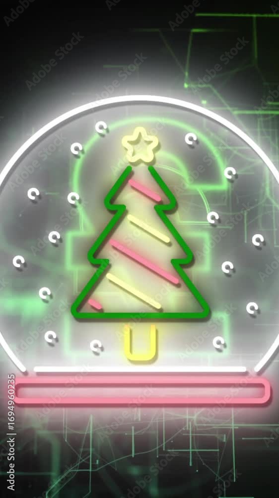 Poster digital animation of christmas tree in snow globe with green circuit background