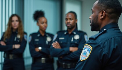 Fototapeta premium Security chief leads diverse officers in VIP protection briefing. Team exhibits professionalism, strategic planning, effective communication. Vigilance, preparedness key for executive safety, risk