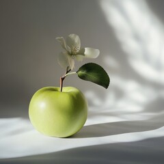 Fresh Green Apple with Blossom on Soft White Surface