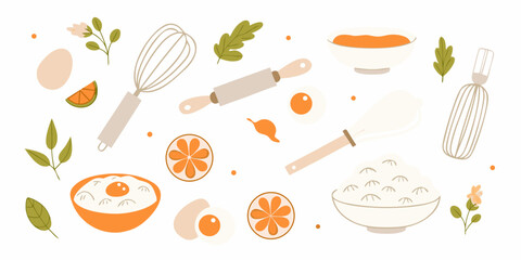 Whimsical baking ingredients and tools scattered across a white background with orange accents