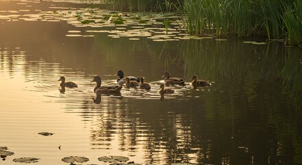 A family of ducks swimming in a pond surrounded by reeds and lily pads during golden hour light