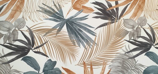 Texture of wallpaper or fabric with an ornament of  palm leaves on a white background. Print with palm leaves ornament. Exotic background ornament. Interior design wallpaper. Fashion design.