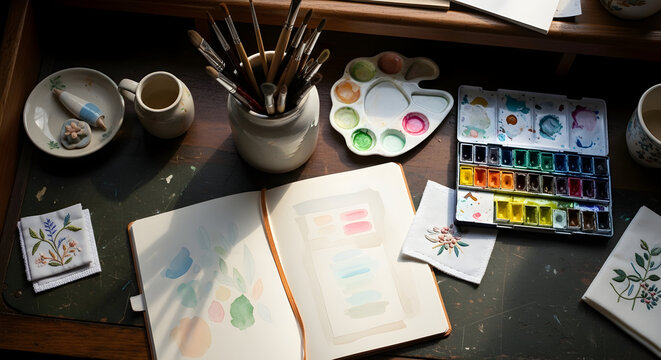 Artistic workstation with paints, brushes, and watercolor paper, ready to create art