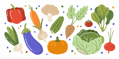 A vibrant collection of fresh colorful and healthy vegetables arranged in a playful flat design illustration