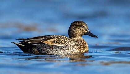 A beautiful speckled duck glides effortlessly across a tranquil body of water.