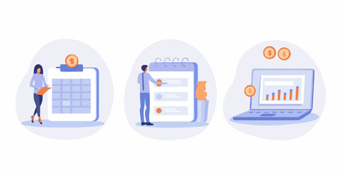 Business planning and financial analysis with people calendar laptop and coins