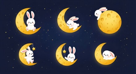 Naklejka premium Cute bunnies sitting on yellow moons among stars in a dark blue night sky illustration art