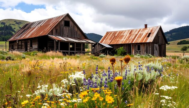 Rustic wooden cabins amidst a vibrant meadow