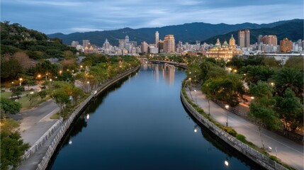Obraz premium Riverside luxury hotel shines brightly against the night sky, showcasing architectural grandeur and urban vibrancy alongside flowing water