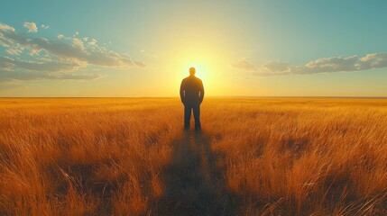 Silhouette of Man Standing in Golden Field at Sunset Horizon