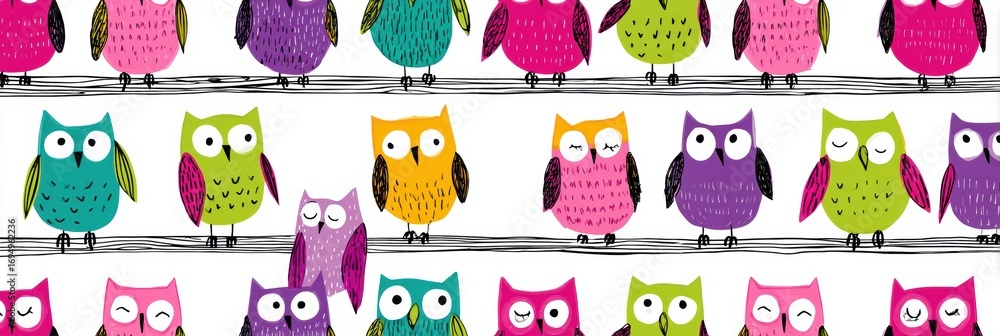 Poster colorful collection of cartoon owls on a branch against a white backdrop showcasing diverse patterns