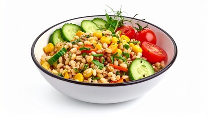 Fresh Grain Bowl with Corn, Cucumber, and Tomatoes on White Background