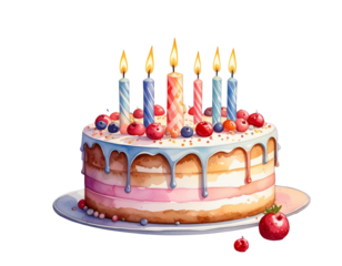 Birthday cake with candles, watercolor PNG
