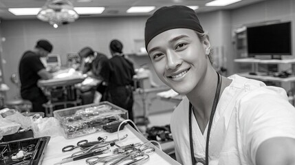Fototapeta premium Doctor takes a cheerful selfie in an operating room, surrounded by medical gear and an active medical team engaged in patient care