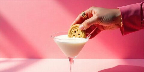 Hand dips a golden cookie into a creamy white drink in a cocktail glass, set against a vibrant pink background, for a sweet and stylish scene of dessert indulgence