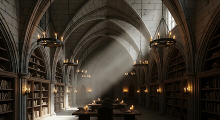 Atmospheric Medieval Library Interior with Books, Candles, and Arches in a Dark Setting