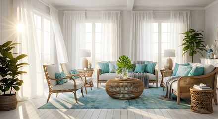 Bright and airy living room interior design with natural light and coastal decor