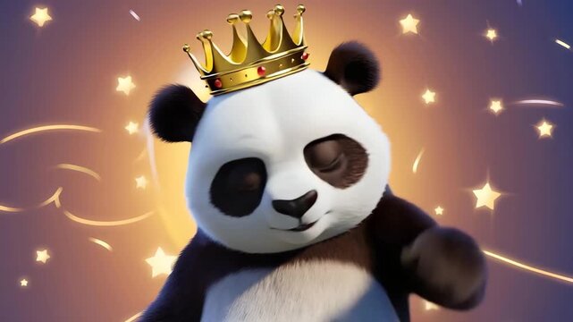 Adorable cartoon panda with golden crown smiling and blinking in magical starry background, animated royal animal character video for children, fantasy and fairytale themed design
