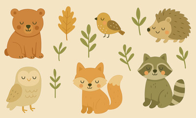Hello autumn. Cartoon figures of forest birds, animals and leaves. Perfect for stylish autumn design of design works.