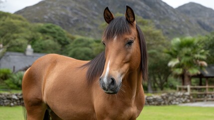 Obraz premium Brown horse gazes serenely in a vibrant green landscape, with distant mountains and soft lighting enhancing the tranquil atmosphere