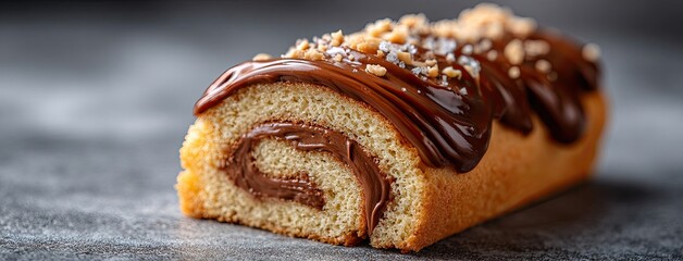 A close-up view of a homemade Swiss roll cake with chocolate cream, highlighted by soft lighting and a warm, inviting texture