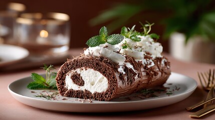 A close-up view of a homemade Swiss roll cake with chocolate cream, highlighted by soft lighting and a warm, inviting texture