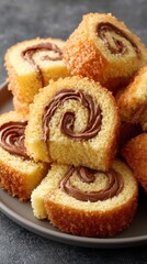 A close-up view of a homemade Swiss roll cake with chocolate cream, highlighted by soft lighting and a warm, inviting texture