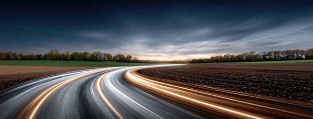 Wheels of a tractor glide through dark soil, leaving bright trails of light as the sun sets, showcasing the beauty of farmland