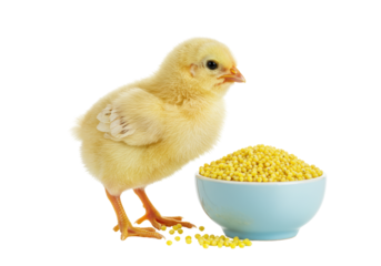 Isolated fluffy chick bird standing beside bowl full of yellow seeds or grains, animal food