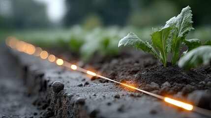Wheels of a tractor glide through dark soil, leaving bright trails of light as the sun sets, showcasing the beauty of farmland