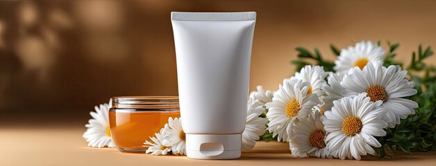 Sunscreen tube adorned with daisies sits against an orange backdrop, showcasing a fresh, clean beauty advertising vibe in a close-up view