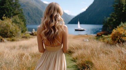 A woman stands gracefully on the shore, wind gently flowing through her hair, surrounded by water and distant peaks