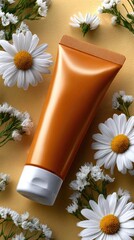 Sunscreen tube adorned with daisies sits against an orange backdrop, showcasing a fresh, clean beauty advertising vibe in a close-up view