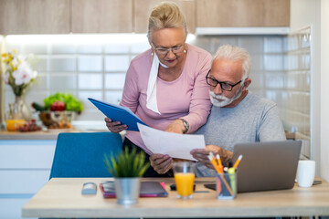 Senior couple reviewing documents together in a cozy kitchen setting during a sunny morning