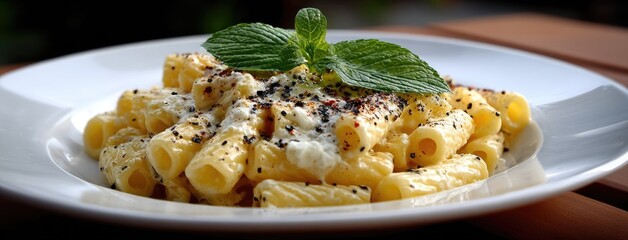 Penne pasta is delicately coated in a creamy white sauce, topped with fresh basil and black pepper for an elegant touch