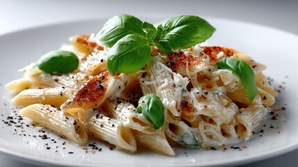 Penne pasta is delicately coated in a creamy white sauce, topped with fresh basil and black pepper for an elegant touch