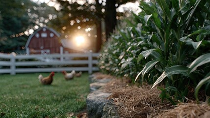 Chickens peck at grain as two dogs frolic nearby, set against a red barn and a vibrant sunset casting shadows across the landscape