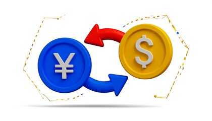 A 3D rendered illustration depicts currency exchange. A blue Yen coin and a golden dollar coin with arrows illustrating the financial exchange cycle