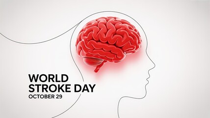 Minimalist poster design for World Stroke Day October 29 with thin black lines forming a head silhouette, modern medical awareness design with 3D brain