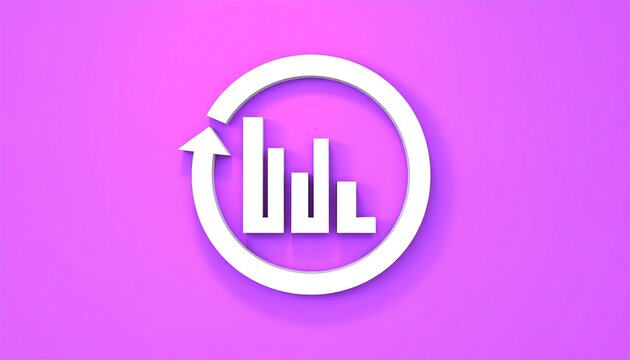 A 3D rendered icon of a bar graph inside a circular arrow, showcasing upward and downward trends. The graphic is simple, modern, and set against a vibrant purple background