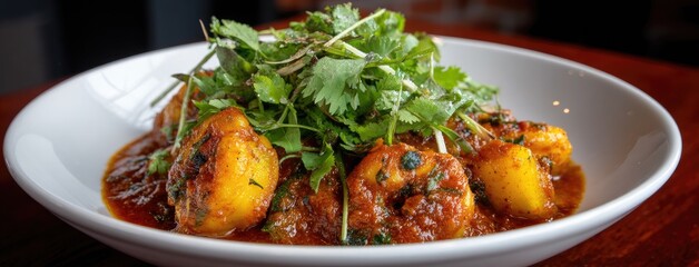 Saut ed shrimp paired with sweet yellow bell peppers in a lively orange-red sauce, beautifully garnished with fresh coriander