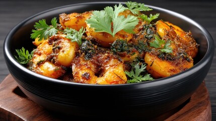 Saut ed shrimp paired with sweet yellow bell peppers in a lively orange-red sauce, beautifully garnished with fresh coriander