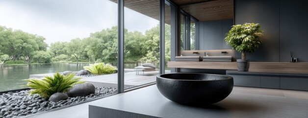 Contemporary bathroom exhibits sleek sink, large mirror, and vibrant plants, optimizing natural light while maintaining industrial elegance