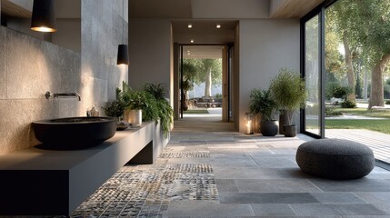 Contemporary bathroom exhibits sleek sink, large mirror, and vibrant plants, optimizing natural light while maintaining industrial elegance