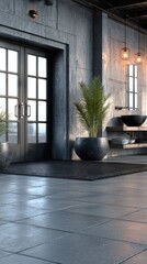 Contemporary bathroom exhibits sleek sink, large mirror, and vibrant plants, optimizing natural light while maintaining industrial elegance