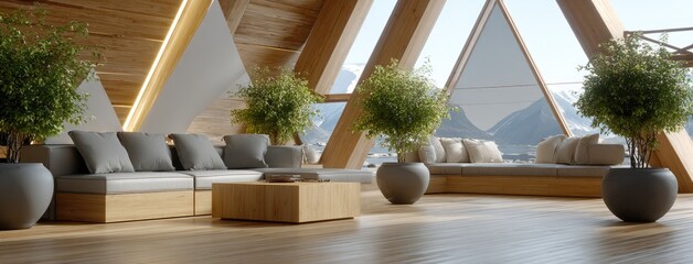 Modern living room showcases a triangular wooden wall, sleek furniture, and innovative LED lighting for a refined interior ambiance