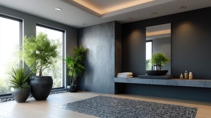 Contemporary bathroom exhibits sleek sink, large mirror, and vibrant plants, optimizing natural light while maintaining industrial elegance